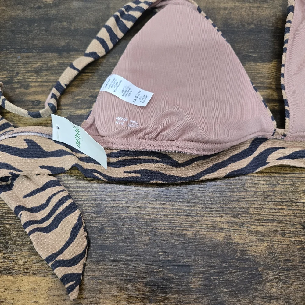 Aerie Pique Brown Animal Print Tie Back Longline Triangle Bikini Top Size Medium